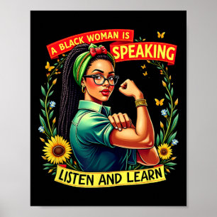 En svart kvinna pratar lyssna på svart historik Mo Poster