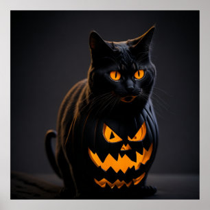 En svart och orange randig Halloween-katt Poster