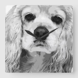 En svartvit amerikancockerspanielspaniel fyrkantig klocka