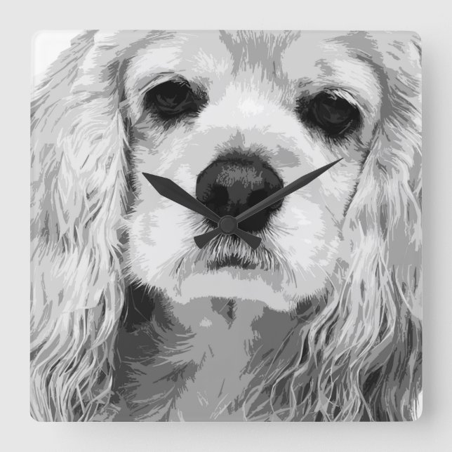 En svartvit amerikancockerspanielspaniel fyrkantig klocka (Framsida)