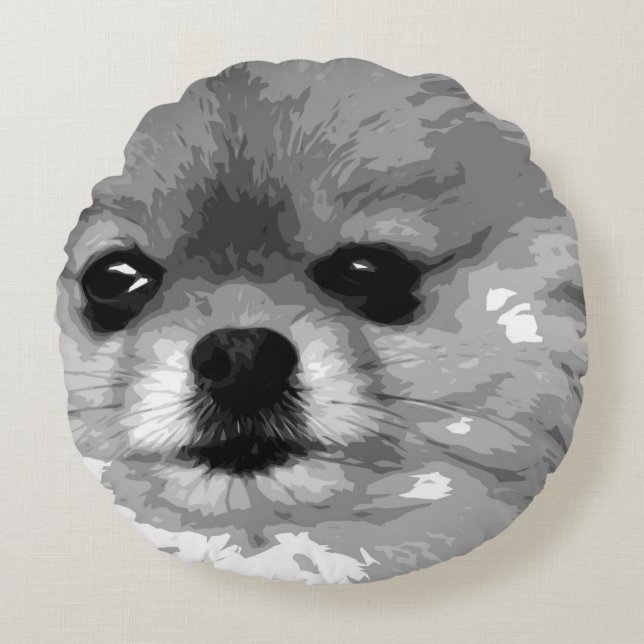 En svartvita Pomeranian Rund Kudde (Framsidan)