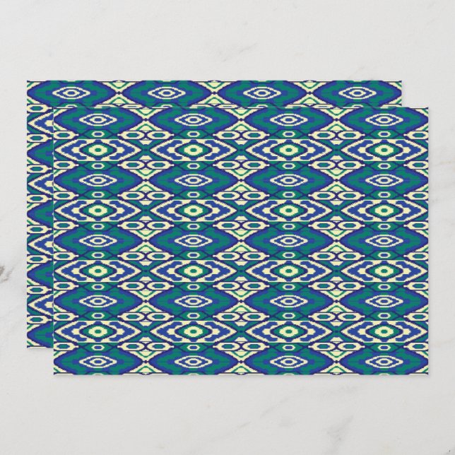 En symmetrisk mönster av blå motiv på en textilvar tack kort (Fram/baksida)