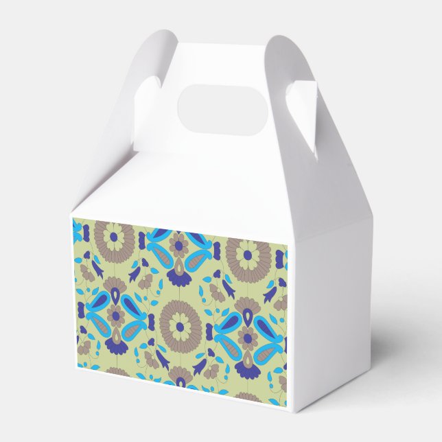 En symmetrisk textildesign med blå och eller presentaskar (Framsidan Sidan)