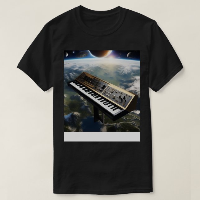 En syntetisator som flyger över jorden t shirt (Design framsida)