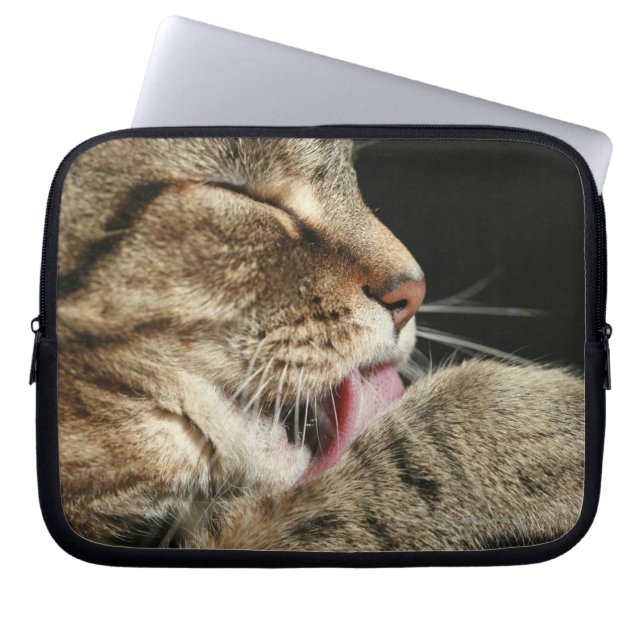 En tabby katt som slickar tass. laptop fodral (Framsidan)