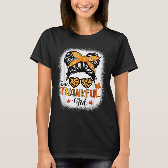 En tacksam flicka Thanksgiving Messy Bun Leopard F T Shirt (Framsida)
