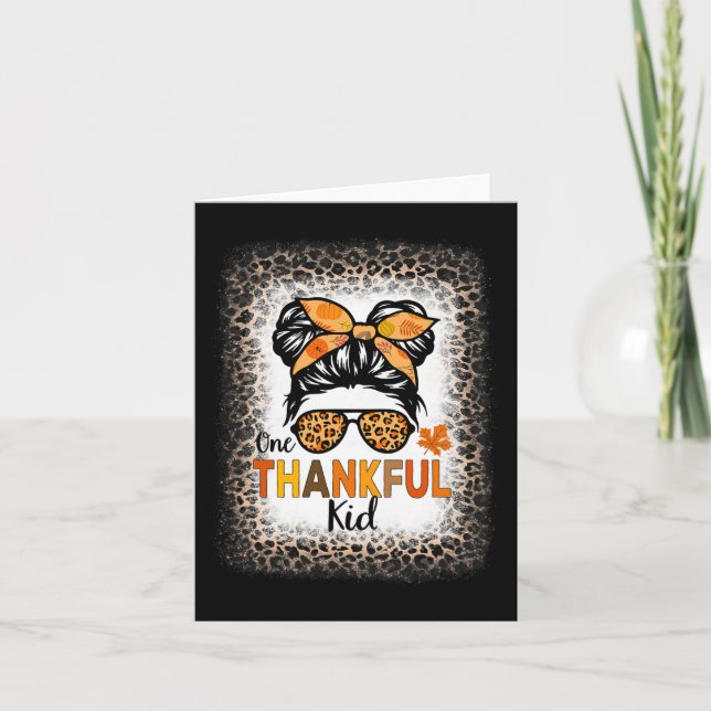 En tacksam Kid-Thanksgiving Messy Bun Leopard Bl Kort (Framsida)