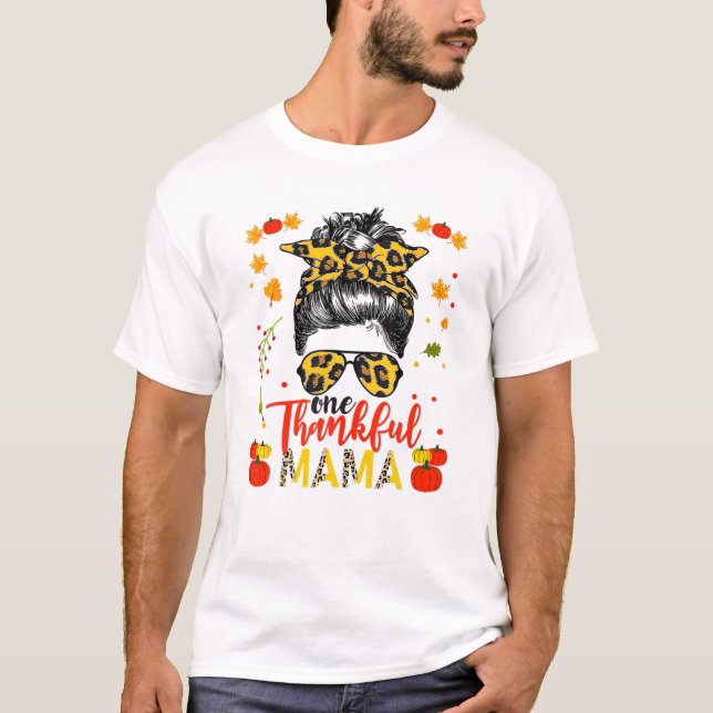 En tacksam Mamma Leopard Messy Bun Autumn Thanksg T Shirt (Framsida)