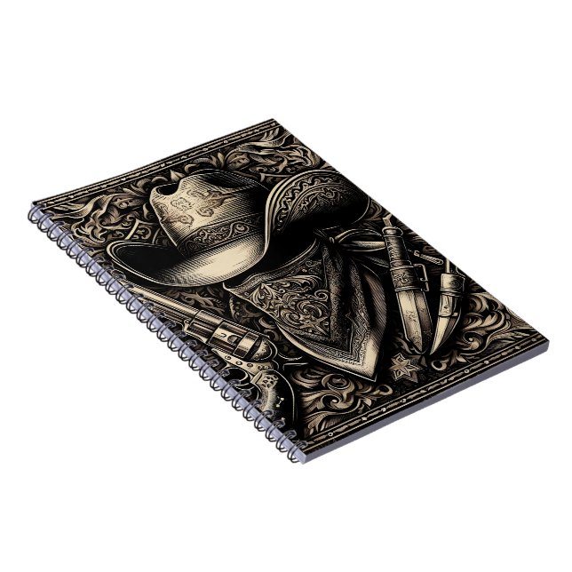 En tålig cowboyhatt i en vättad hatt, med vapen anteckningsbok (Högra Sidan)