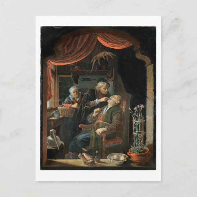 En tandläkare som undersöker en gammal mans tand ( vykort (Framsida)