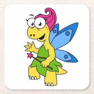 En Tecknad Fairysaur Dinosaur. Underlägg Papper Kvadrat