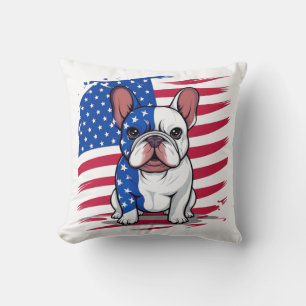 En tecknad Fransk bulldog med amerikansk flagga Kudde