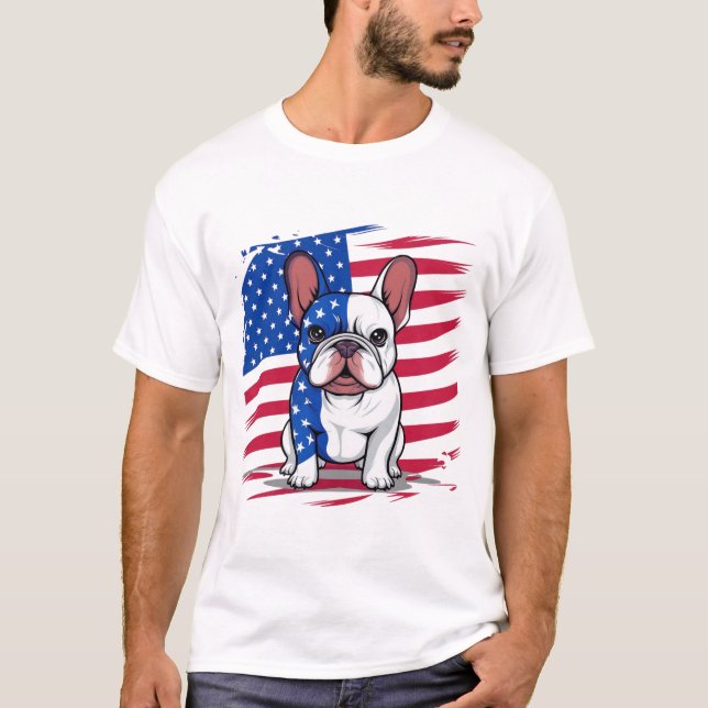 En tecknad Fransk bulldog med amerikansk flagga T Shirt (Framsida)