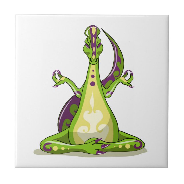 En Tecknad Iguanodon Dinosaur som gör Yoga. Kakelplatta (Framsidan)