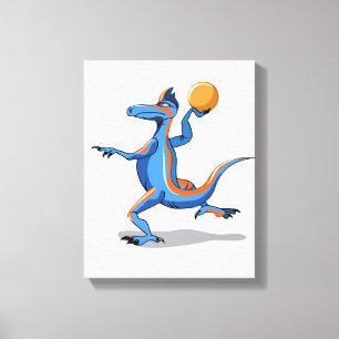 En Tecknad Iguanodon spelar basket. Canvastryck