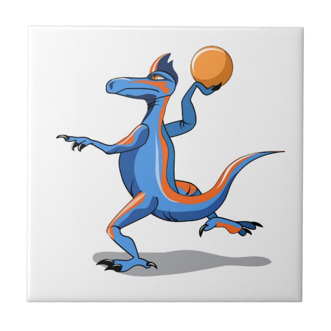 En Tecknad Iguanodon spelar basket. Kakelplatta (Framsidan)