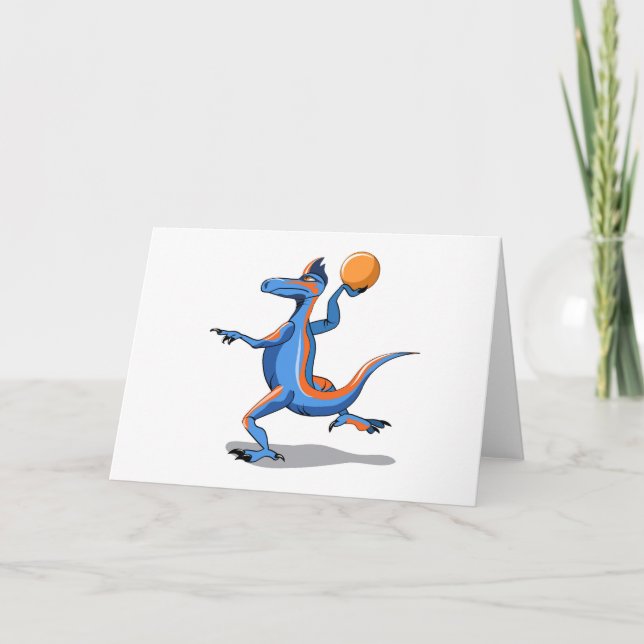 En Tecknad Iguanodon spelar basket. Kort (Framsida)