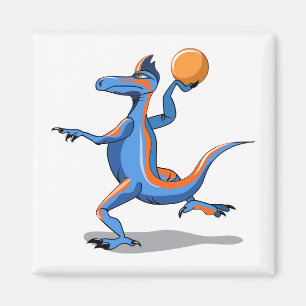 En Tecknad Iguanodon spelar basket. Magnet