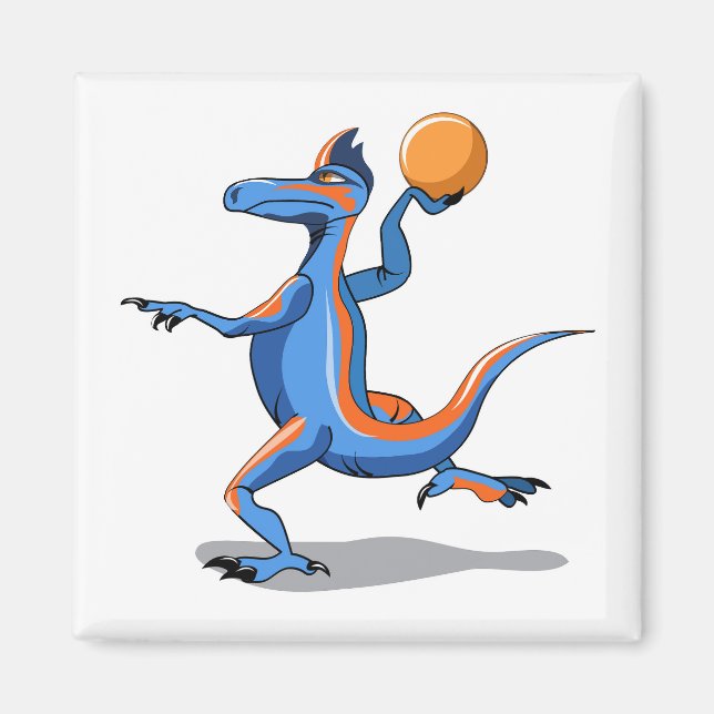 En Tecknad Iguanodon spelar basket. Magnet (Framsidan)
