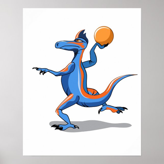 En Tecknad Iguanodon spelar basket. Poster (Framsidan)