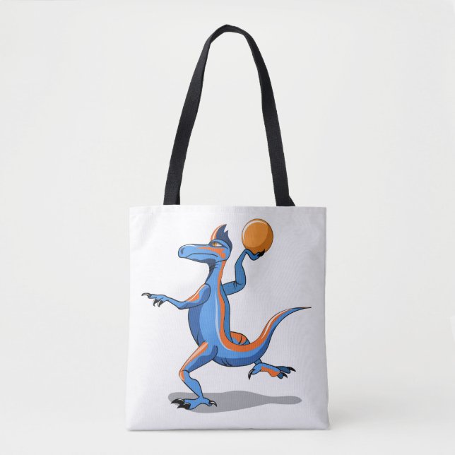 En Tecknad Iguanodon spelar basket. Tygkasse (Framsida)