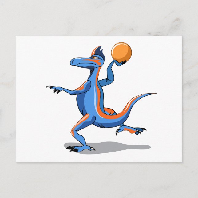 En Tecknad Iguanodon spelar basket. Vykort (Framsida)