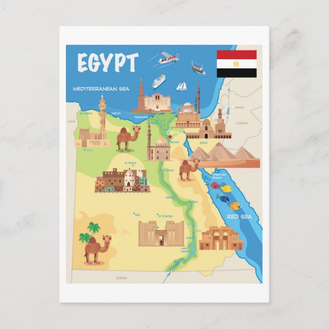 En tecknad karta över Egypten Vykort (Framsida)