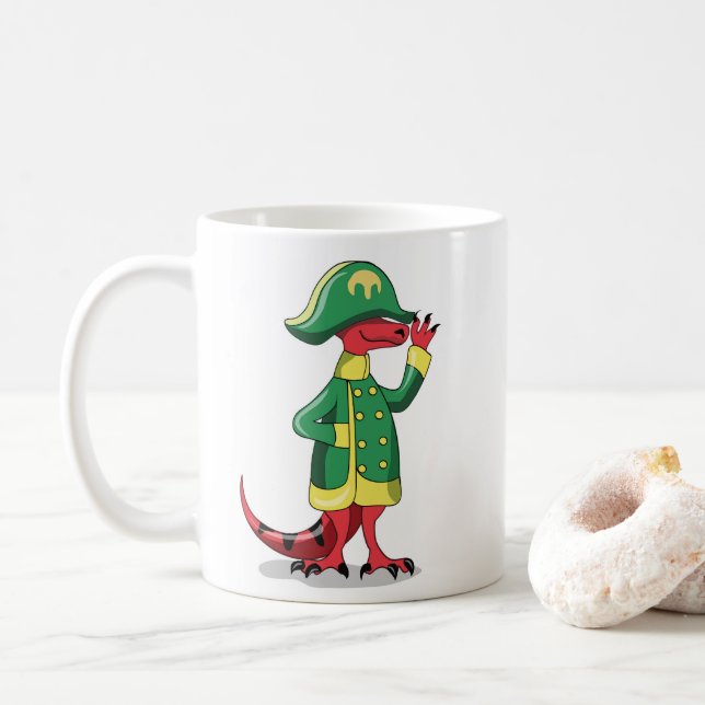 En Tecknad Tyrannosaur Rex trycktes ned som Napole Kaffemugg (Med munk)