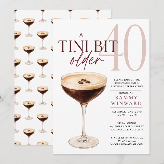 En Tini Bit Older 40-års Cocktail Inbjudningar (Fram/baksida)