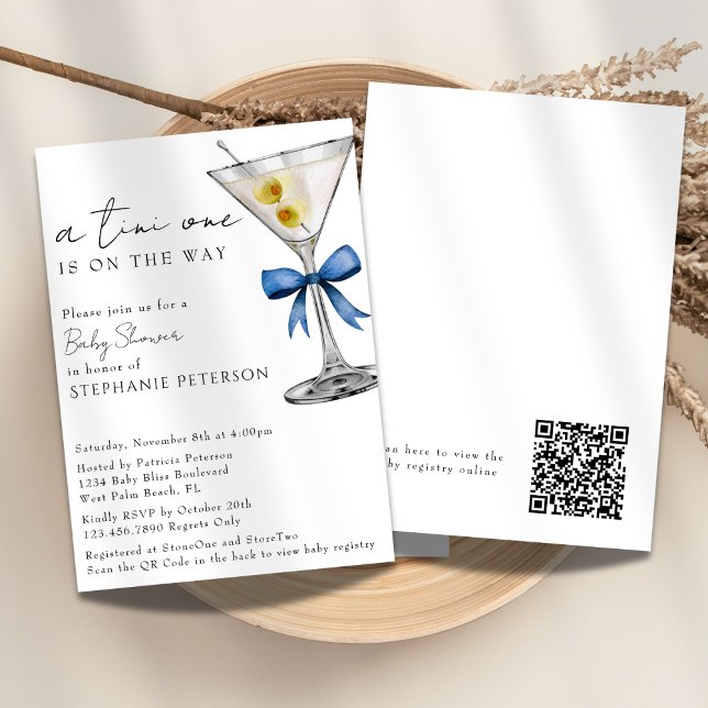 En Tini Enkel QR-kod Blå Martini Baby Shower Inbjudningar (Skapare uppladdad)