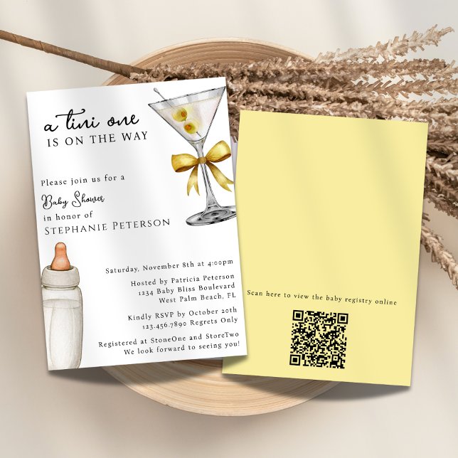 En Tini One Yellow Martini QR Code Baby Shower Inbjudningar (Skapare uppladdad)