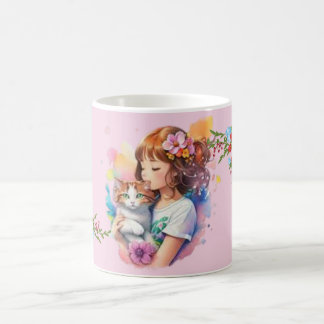 En tjej med katten mugg