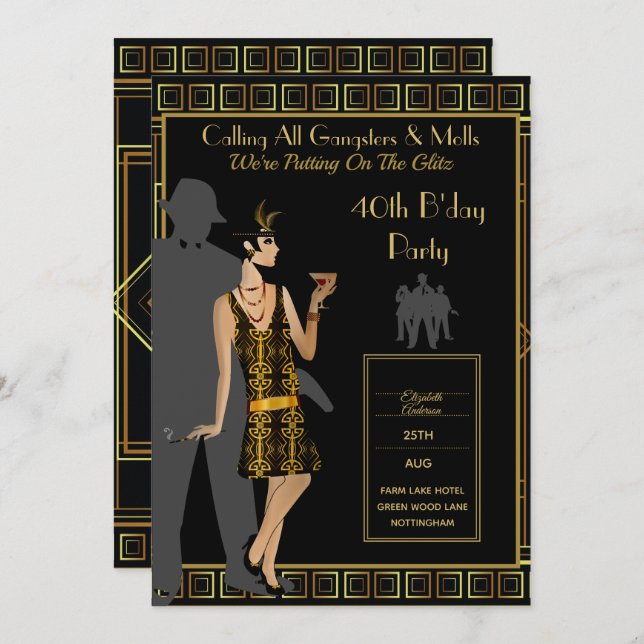 En tjusig 1920-talsfest, Gangster Flapper Deco Inbjudningar (Fram/baksida)