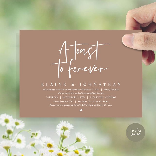 En toast to Forever, Bröllop Elopement Brunch Part Inbjudningar (A Toast To Forever, Wedding Elopement Brunch Party Invitation Card, PDF, in Warm Taupe)