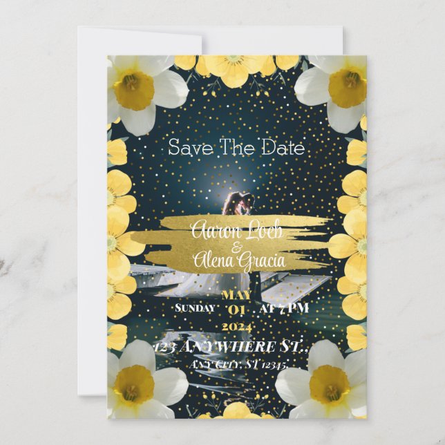 En torkad inbjudan tillagd med narcisblommor (Framsida)