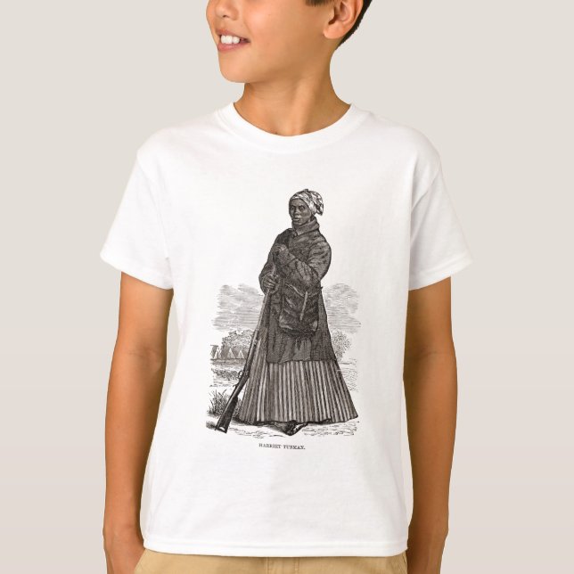 En träsnitt avbildar av Harriet Tubman, för 1869 Tee Shirt (Framsida)