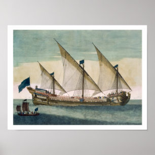En tre behärskad Galleass på väg med segel, havre Poster