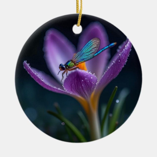 En trollslända på en krokusblomma julgransprydnad keramik (Framsidan)