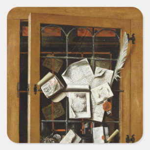 En trompa l'oeil av ett öppet glaskupbord fyrkantigt klistermärke