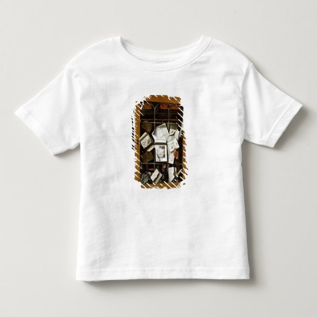 En trompe - l ' oeil av ett öppet glasat skåp t-shirt (Framsida)