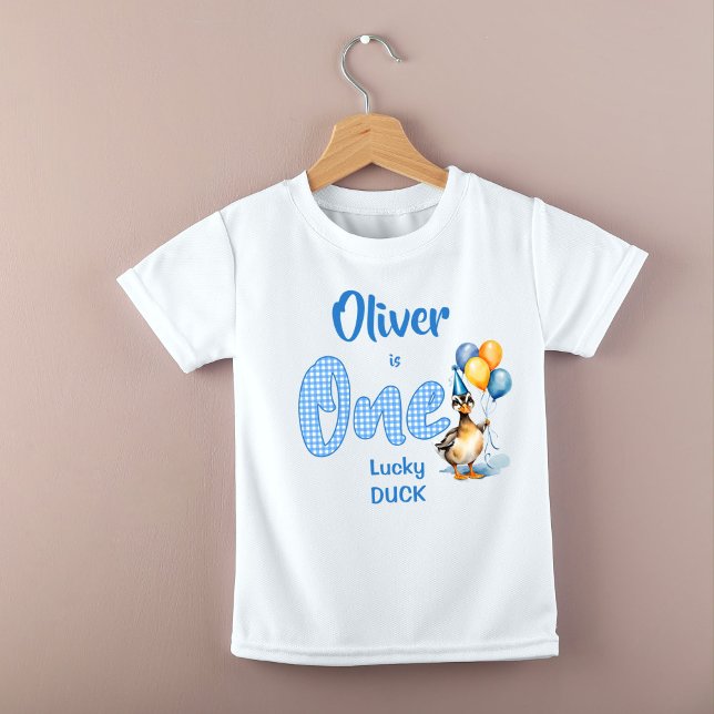 En turlig anka blå gingham-födelsedag tryckt t shirt (One lucky duck blue gingham birthday printed baby T-Shirt birthday photo props )