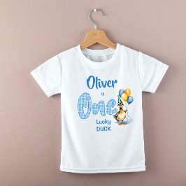 En turlig anka blå gingham-födelsedag tryckt t shirt