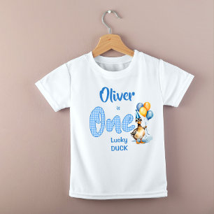 En turlig anka blå gingham-födelsedag tryckt t shirt