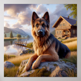 En tysk shepherd i ett Rustic Countryside Setting Poster