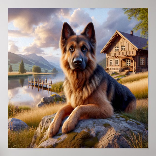 En tysk shepherd i ett Rustic Countryside Setting Poster (Framsidan)