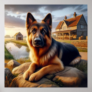 En tysk shepherd i ett Rustic Countryside Setting Poster