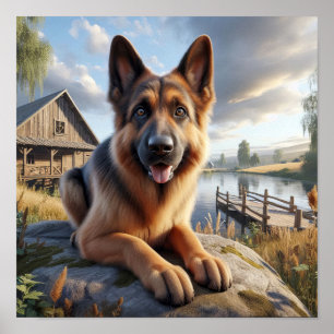 En tysk shepherd i ett Rustic Countryside Setting Poster