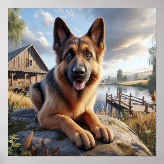 En tysk shepherd i ett Rustic Countryside Setting Poster (Framsidan)