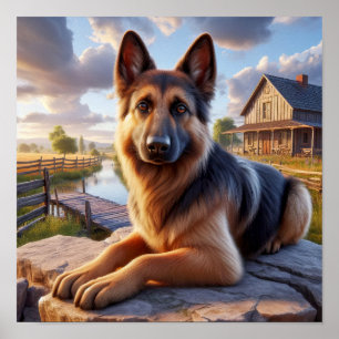 En tysk shepherd i ett Rustic Countryside Setting Poster