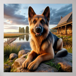 En tysk shepherd i ett Rustic Countryside Setting Poster